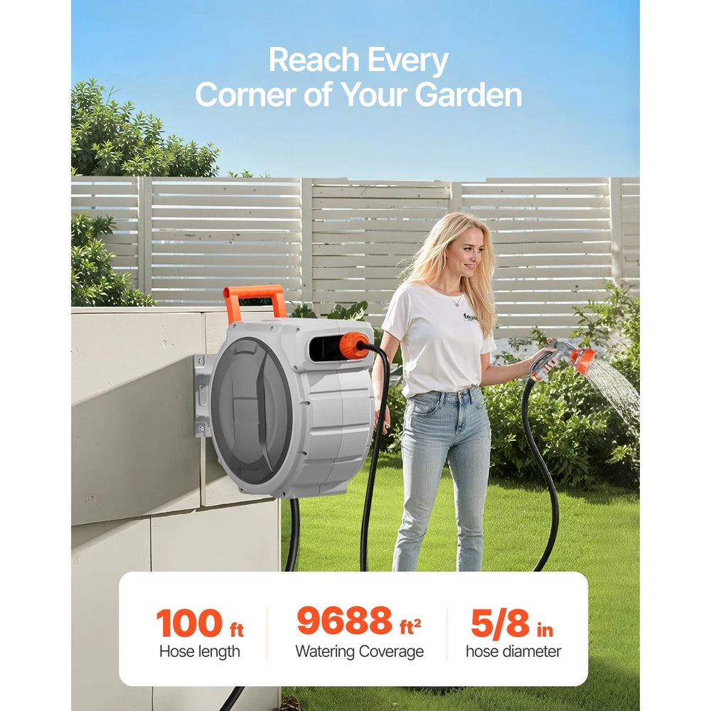 Retractable Garden Hose Reel 5/8 Inch x 100 ft Wall Mounted Garden Hose