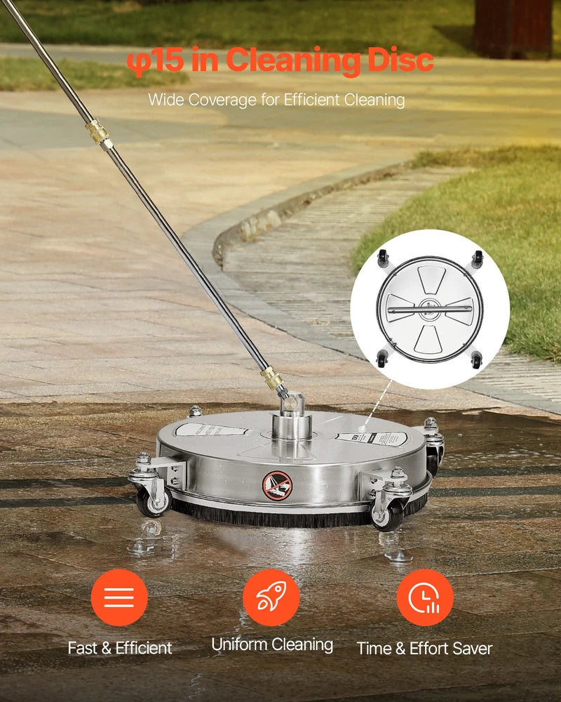 VEVOR 15" Pressure Washer Surface Cleaner 4000 PSI w/ 4 Wheels 2 Extended Wands