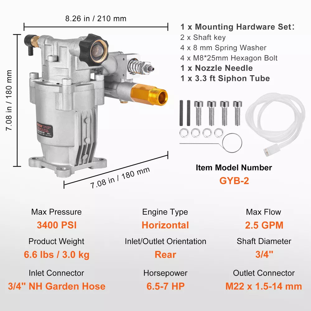Pressure Washer Pump Power Washer Pump 3/4" Horizontal 3400 PSI 2.5 GPM