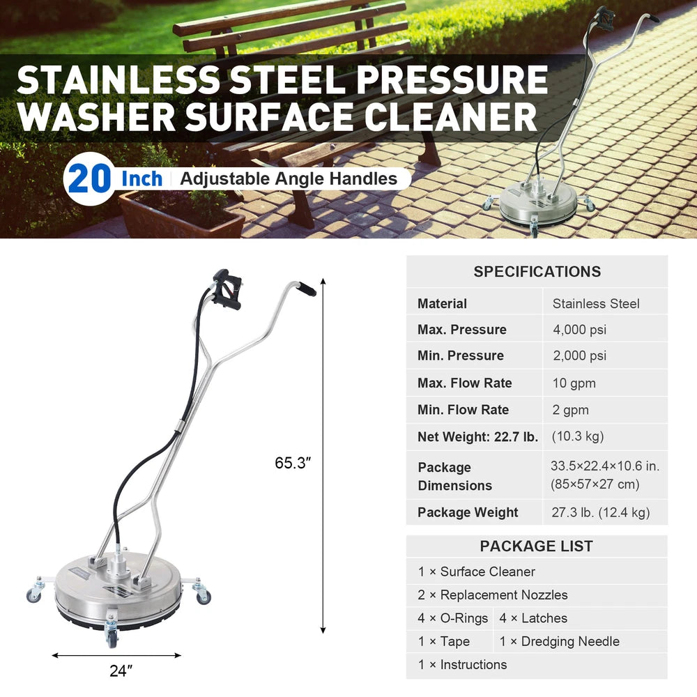 Surface Cleaner Pressure Washer 4000 PSI Electric & Gas Stainless Steel w/ Wheel