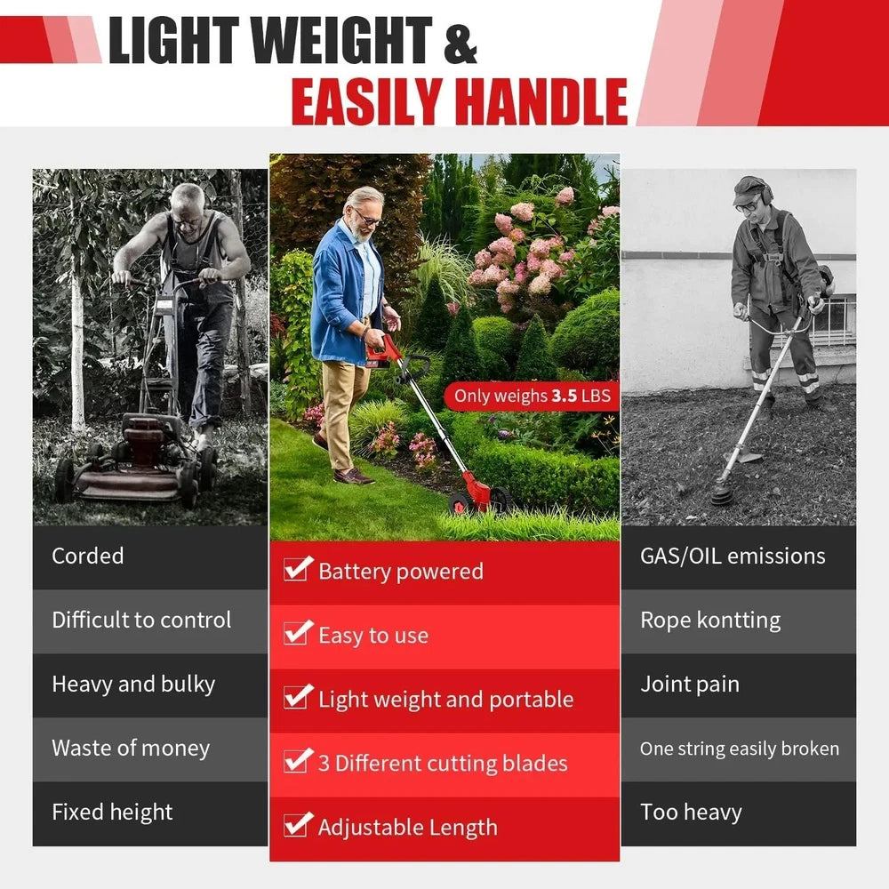 USA Cordless Lawn Trimmer with 2 Li-Ion Batteries 3 Blades Grass Edger Powerful