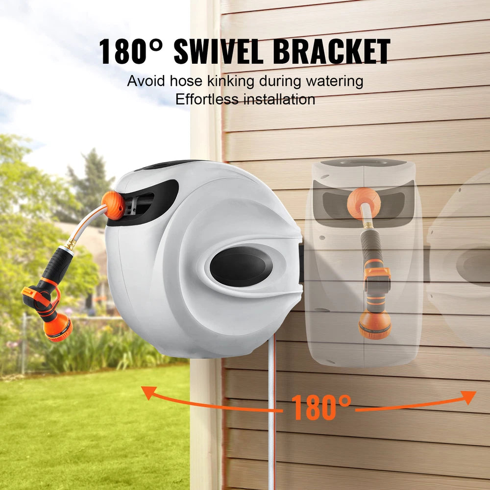 Retractable Hose Reel Water Hose Reel 65'x5/8" 180° Swivel Wall-Mounted
