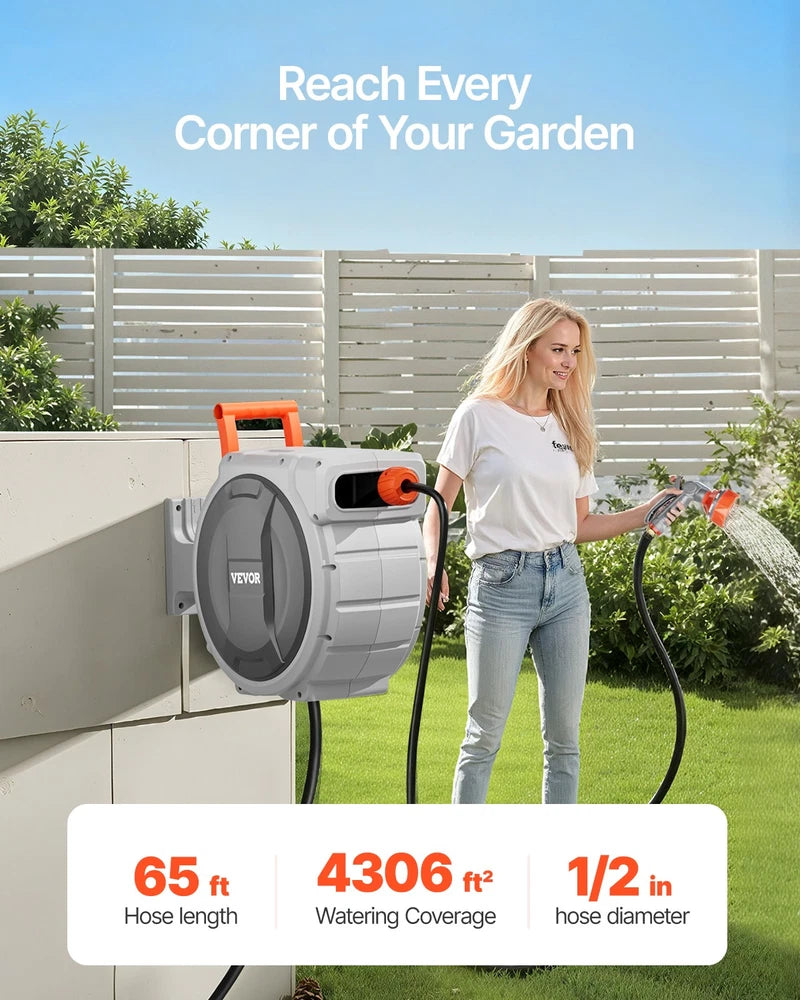 Retractable Garden Hose Reel 1/2 Inch x 65 ft Wall Mounted Garden Hose Reel