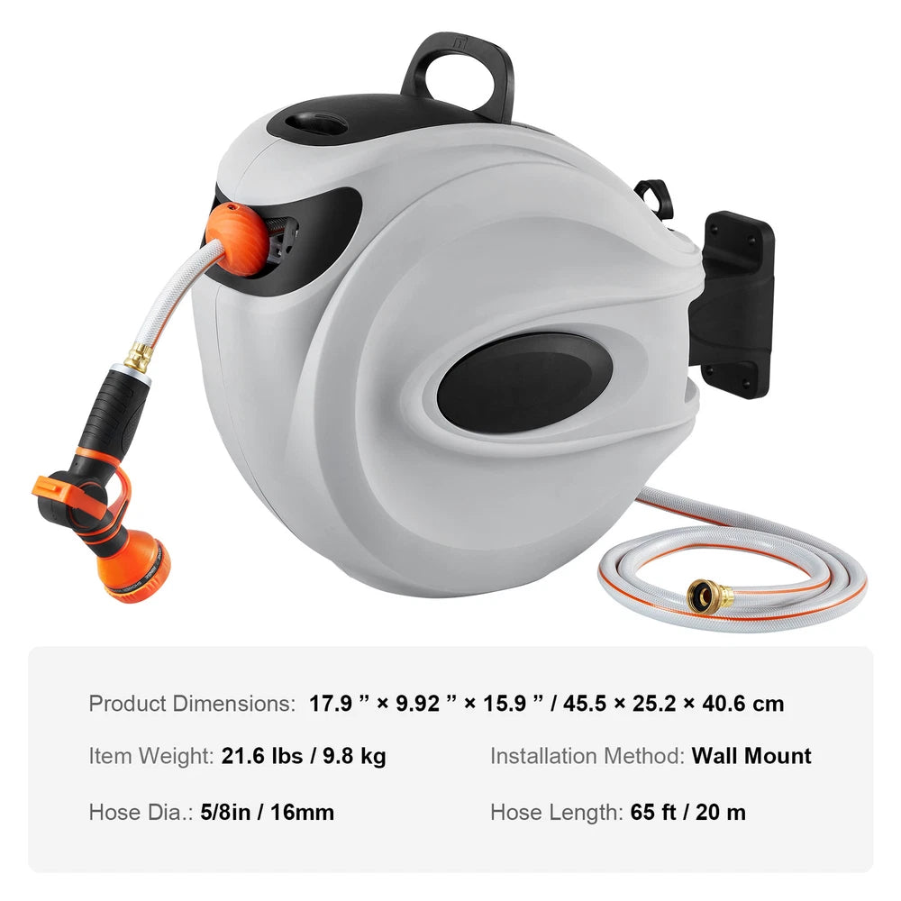 Retractable Hose Reel Water Hose Reel 65'x5/8" 180° Swivel Wall-Mounted