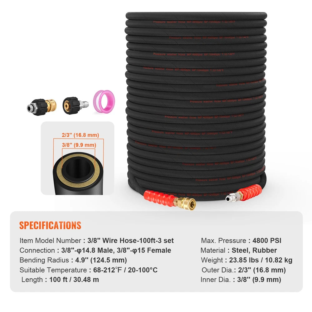 3/8" x 100FT 4800 PSI High Pressure Power Washer Hose Quick Connection w/ Nozzle