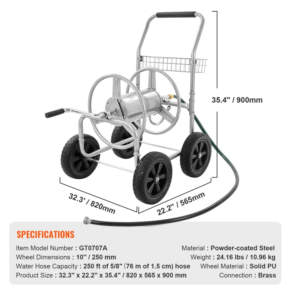 Hose Reel Cart 250ft. Heavy Duty Garden Water Yard Planting w/ Basket
