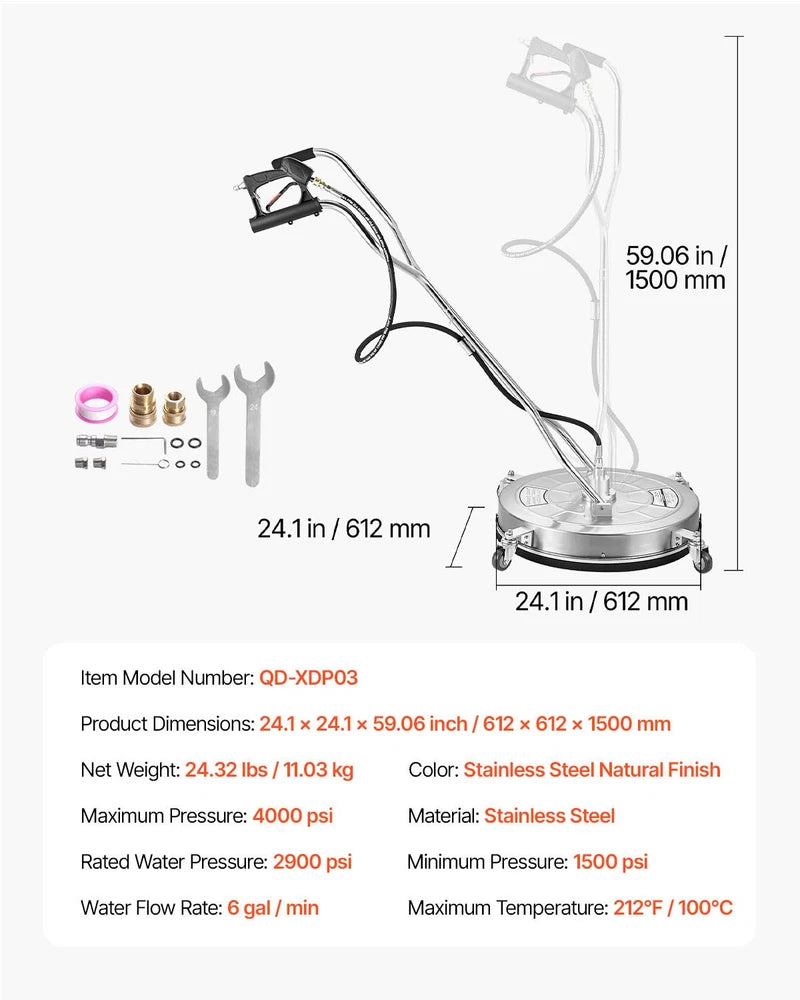 VEVOR 24" Pressure Washer Surface Cleaner 4 Wheels Dual Handle 4500 Max PSI