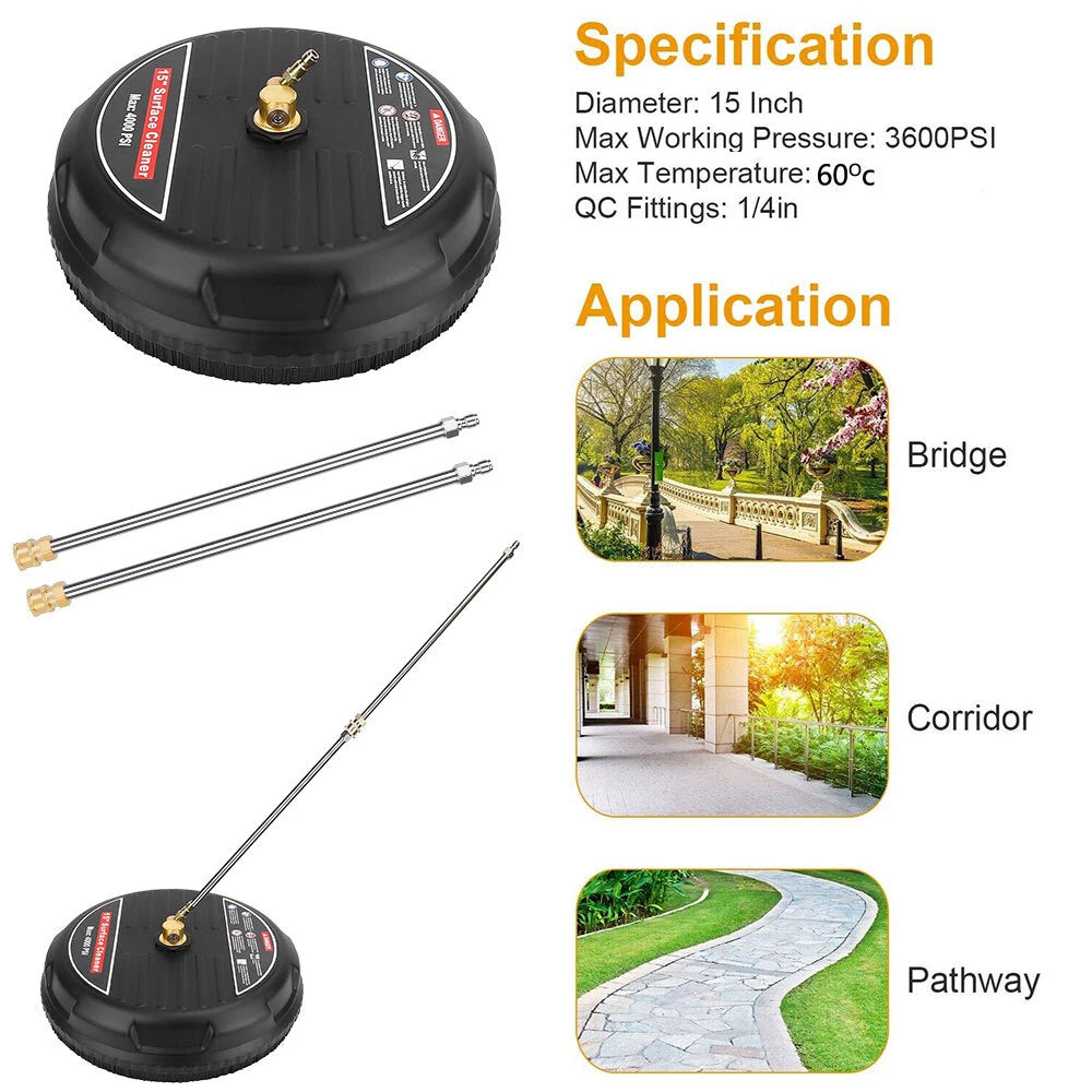 4000PSI 15" Pressure Washer Surface Cleaner w/ 2 Extension Wand Quick Connect