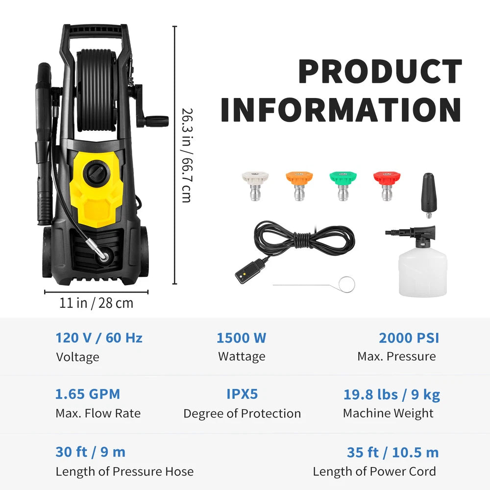 Electric High Pressure Washer 2000PSI 1.65GPM Power Washer With Hose Reel
