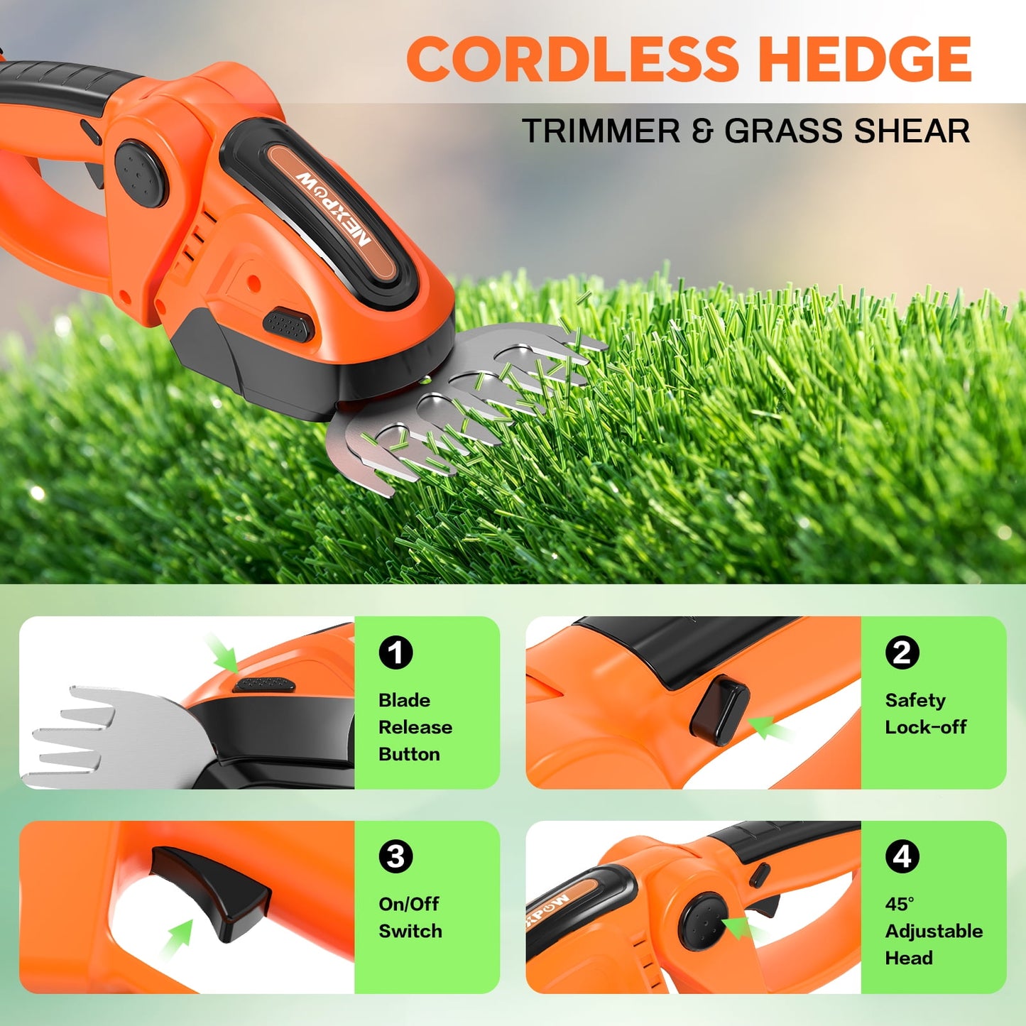 NEXPOW 24V Cordless Hedge Trimmer – 3-in-1 Grass Shears, Shrubbery Trimmer & Electric Grass Trimmer, Dual Batteries, Lightweight & Powerful(Orange)