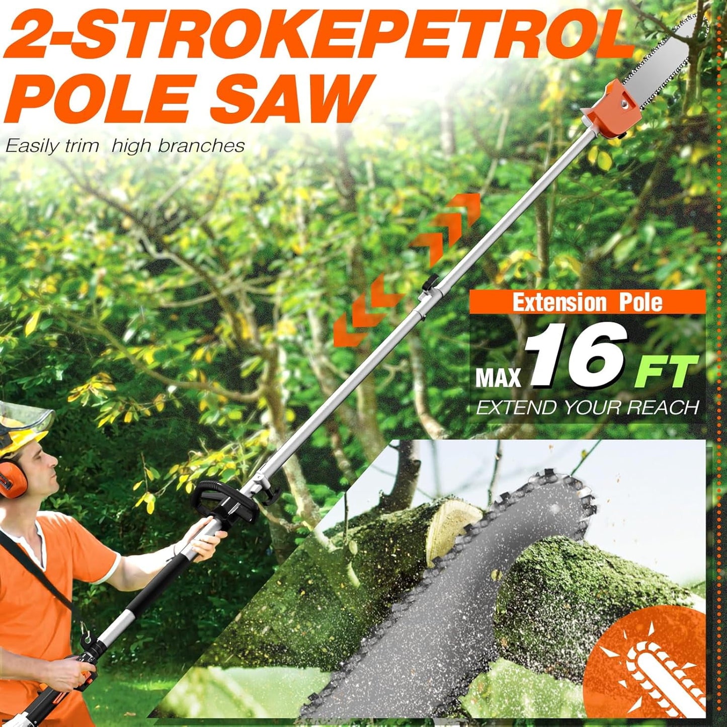 Datingday 52CC Orange Gas Weed Wacker, 2-Stroke Weed Eater Gas Powered, 6-in-1 Gas Hedge Trimmer, Gas Brush Cutter, Gas String Trimmer, Pole Saw with Extension Pole