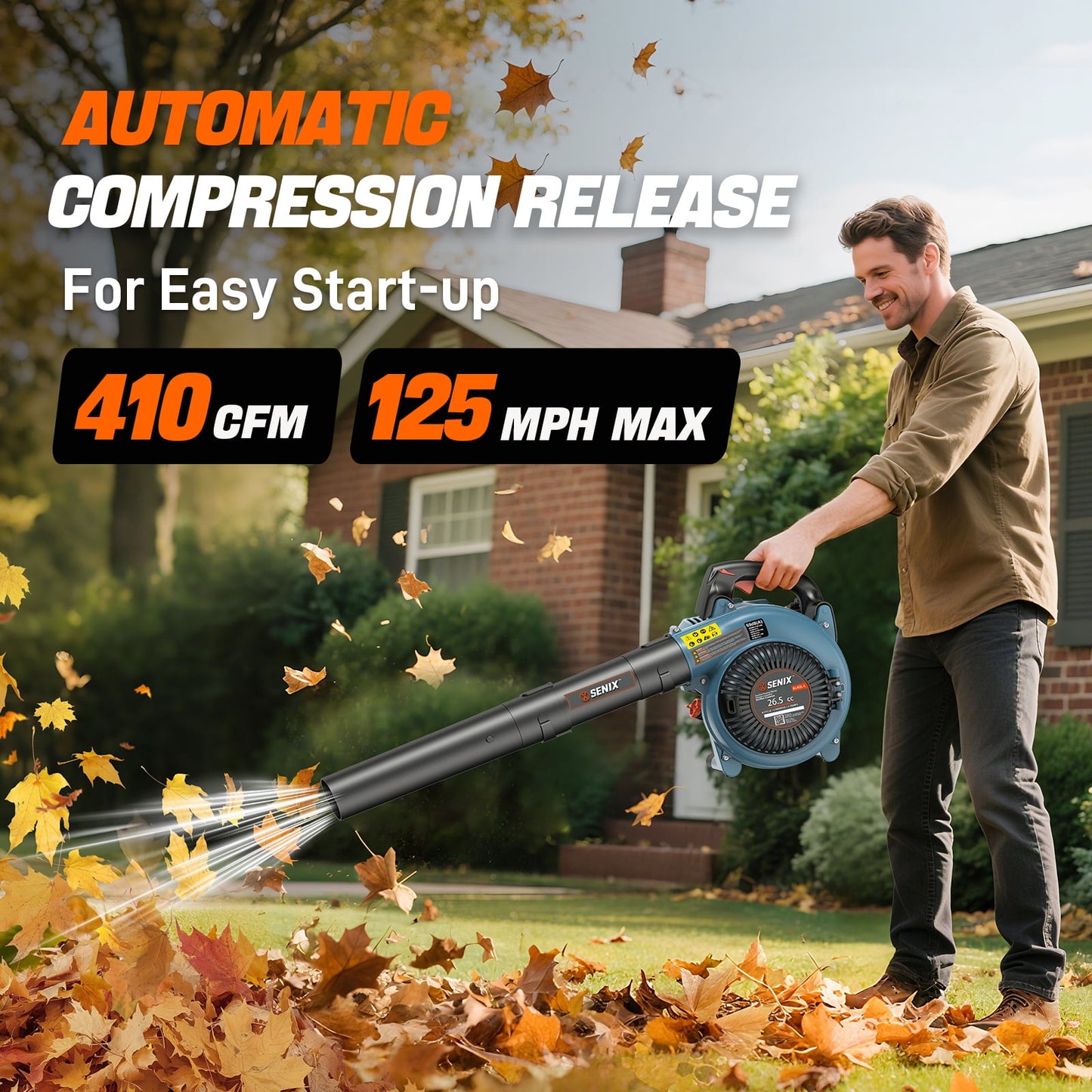 SENIX 4QL 26.5cc 4-Cycle Gas Powered Leaf Blower, 410 CFM/125 MPH, Dual-Grip Handle, Lightweight, BL4QL-L