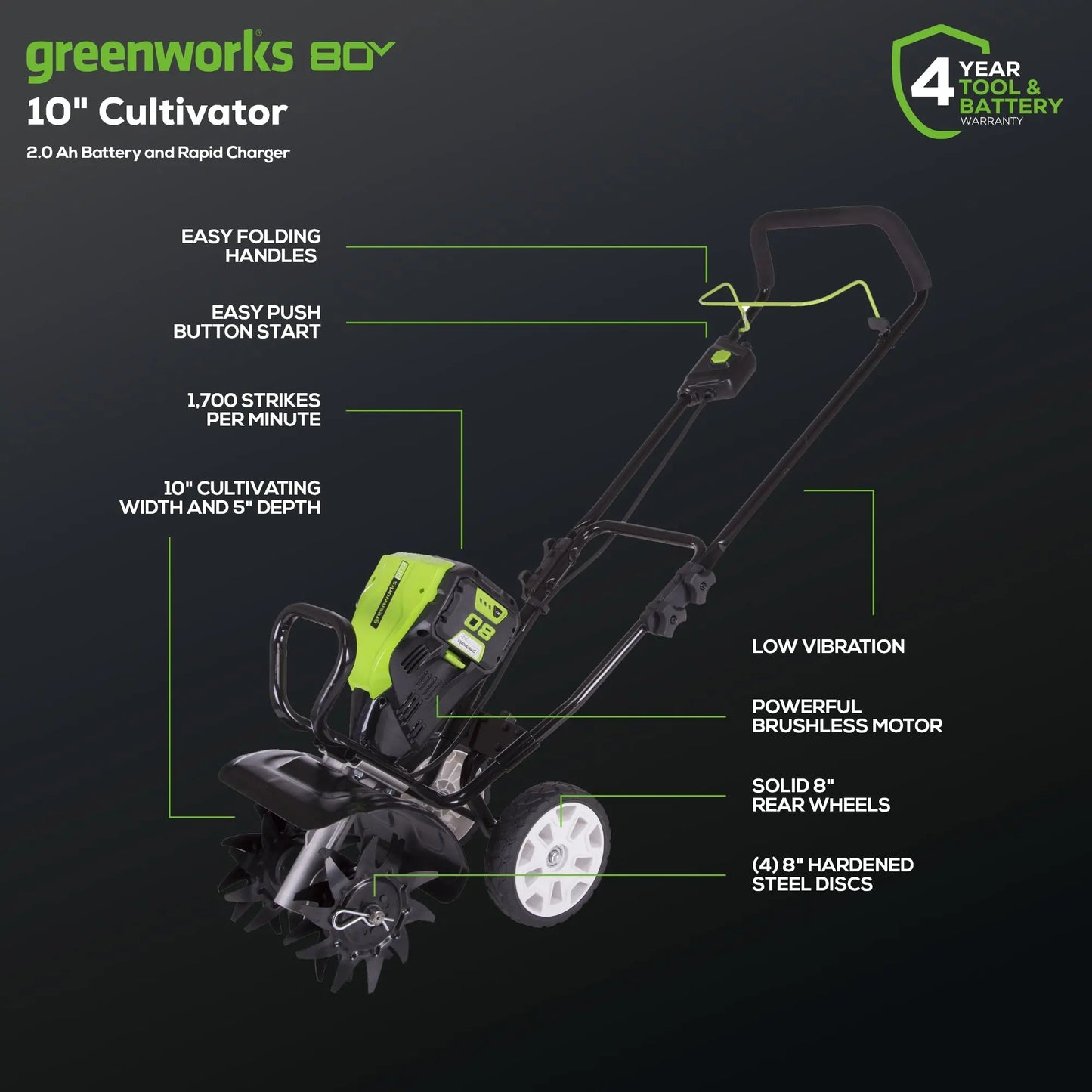 80V 10" Brushless Cultivator / Tiller w/ 2.0Ah Battery & Charger