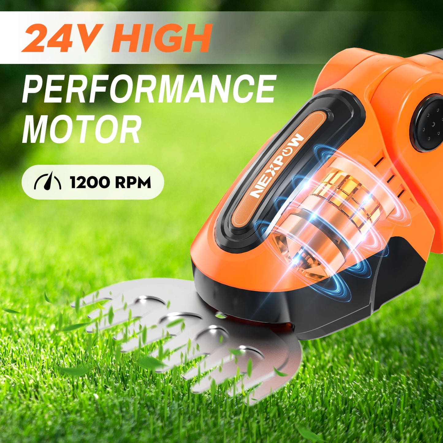 NEXPOW 24V Cordless Hedge Trimmer – 3-in-1 Grass Shears, Shrubbery Trimmer & Electric Grass Trimmer, Dual Batteries, Lightweight & Powerful(Orange)