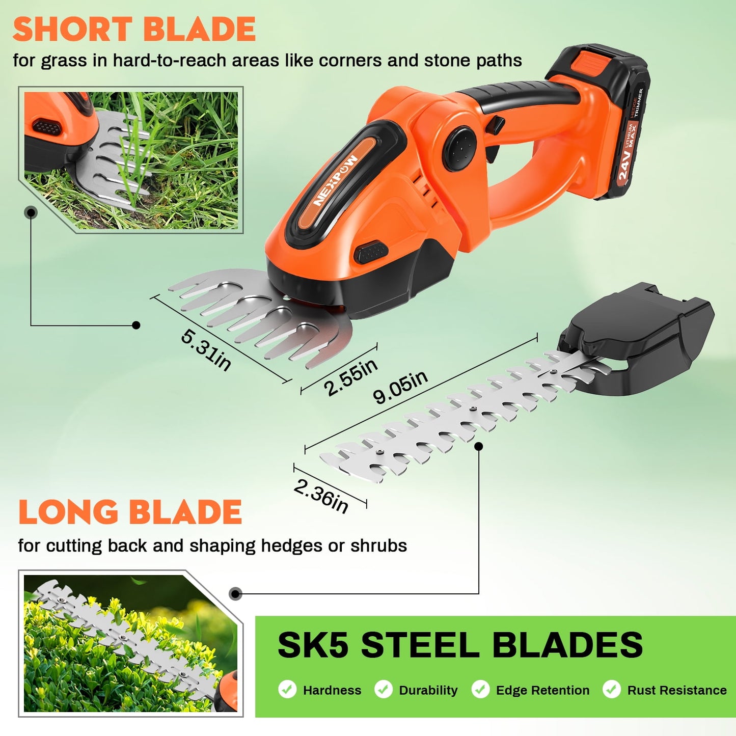 NEXPOW 24V Cordless Hedge Trimmer – 3-in-1 Grass Shears, Shrubbery Trimmer & Electric Grass Trimmer, Dual Batteries, Lightweight & Powerful(Orange)