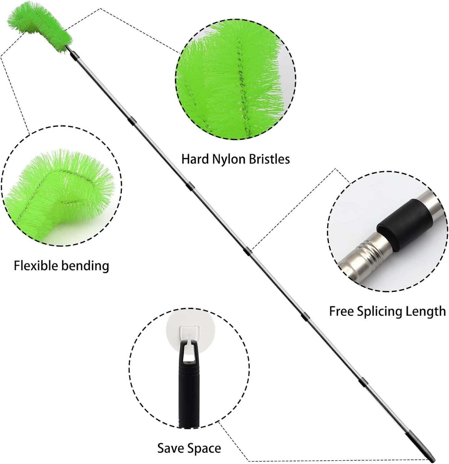 Gutter Cleaning Tools, 10.5 feet Long Gutter Cleaning Tools with 8 Stainless Steel Tubes and 2 Brushes, Gutter Cleaner Ability for Roof Leaves and Debris-Green