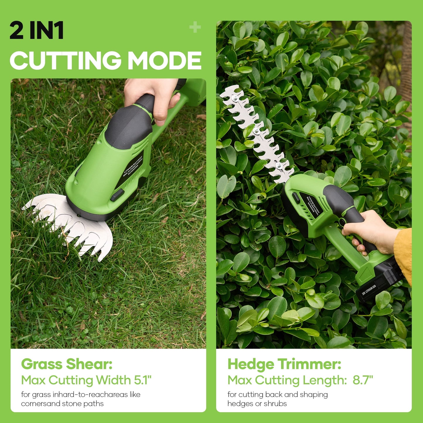 Gasky 20V Cordless Grass Shears Handheld, 2 in 1 Small Electric Hedge Trimmer Battery Operated, Lightweight & Powerful Shrubbery Trimmer for Bush, Lawn, Patio, Tree, Garden, Yard