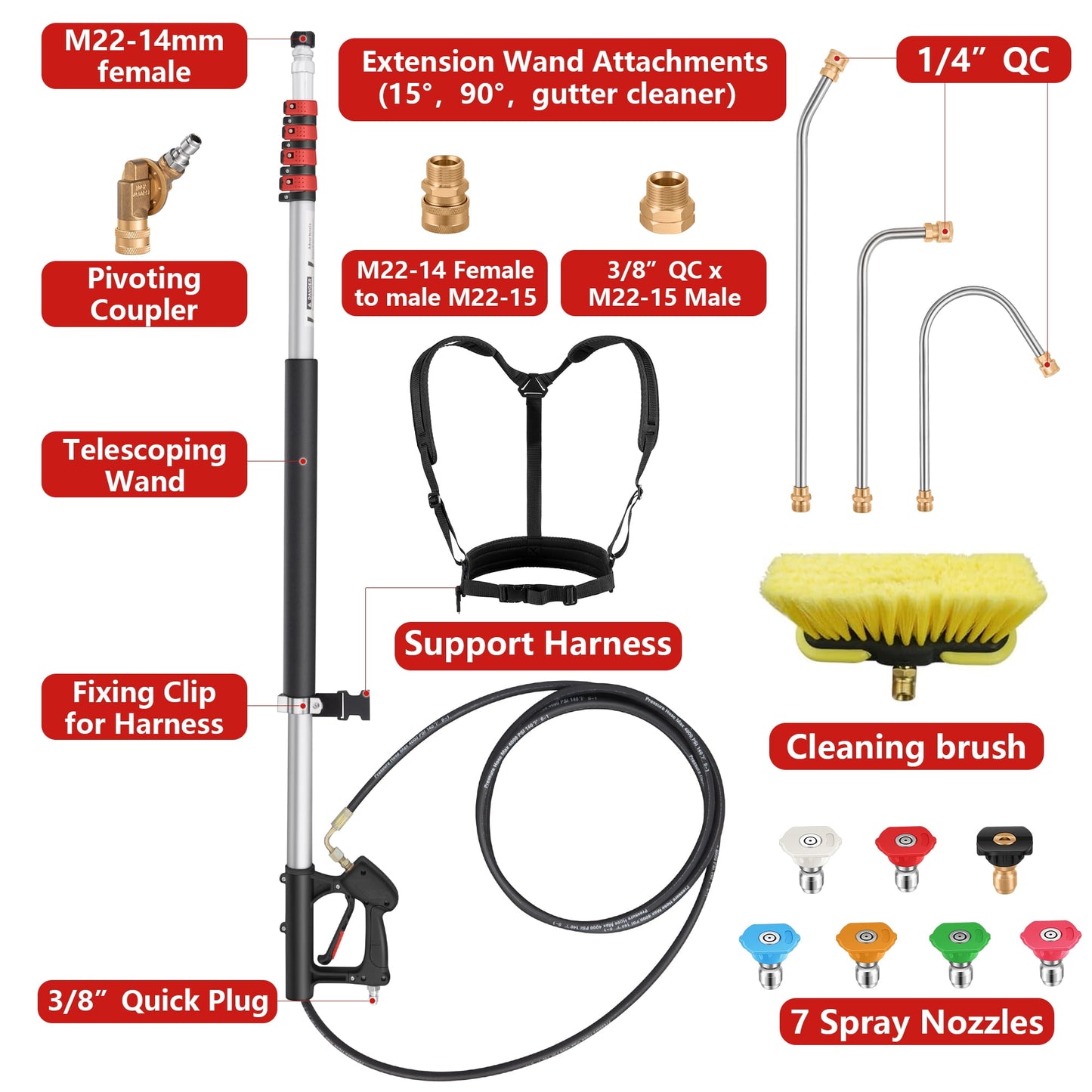 24 FT Gutter Cleaning Tools from The Ground - Telescoping Pressure Washer Wand - Gutter Cleaner Attachment with Power Washer Extension Wands, Brush, 7 Spray Nozzle Tips, 2 Hose Adapters, Support Belt