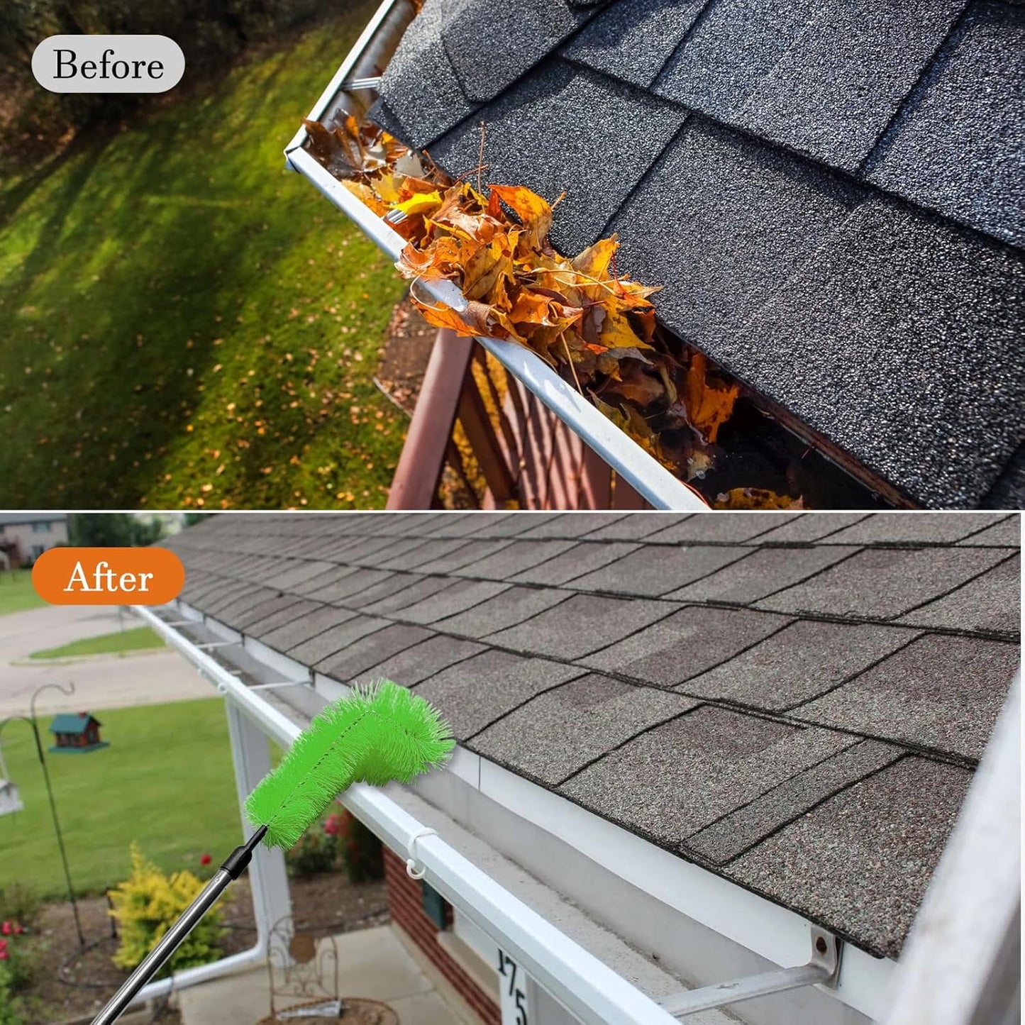 Gutter Cleaning Tools, 10.5 feet Long Gutter Cleaning Tools with 8 Stainless Steel Tubes and 2 Brushes, Gutter Cleaner Ability for Roof Leaves and Debris-Green