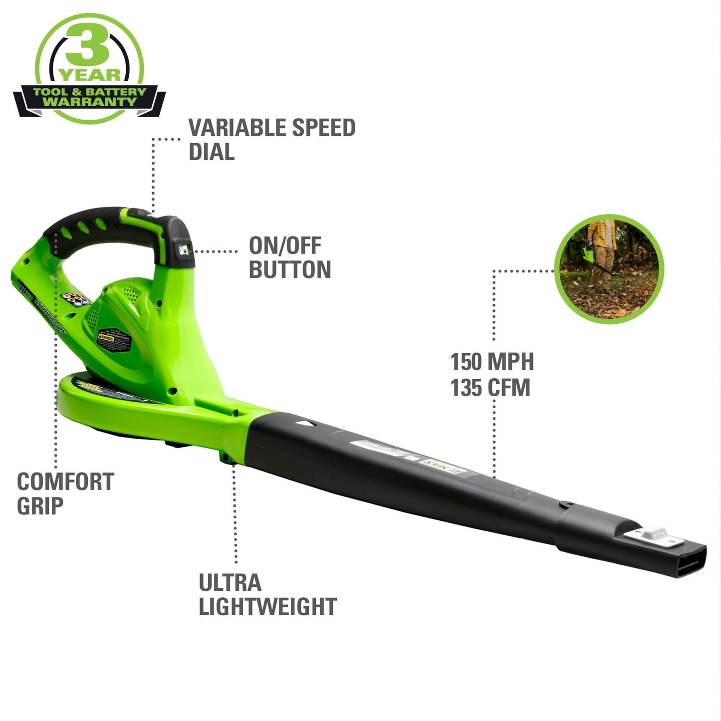 Greenworks 40V 135 CFM Cordless Leaf Blower/Sweeper, Battery Not Included 24282