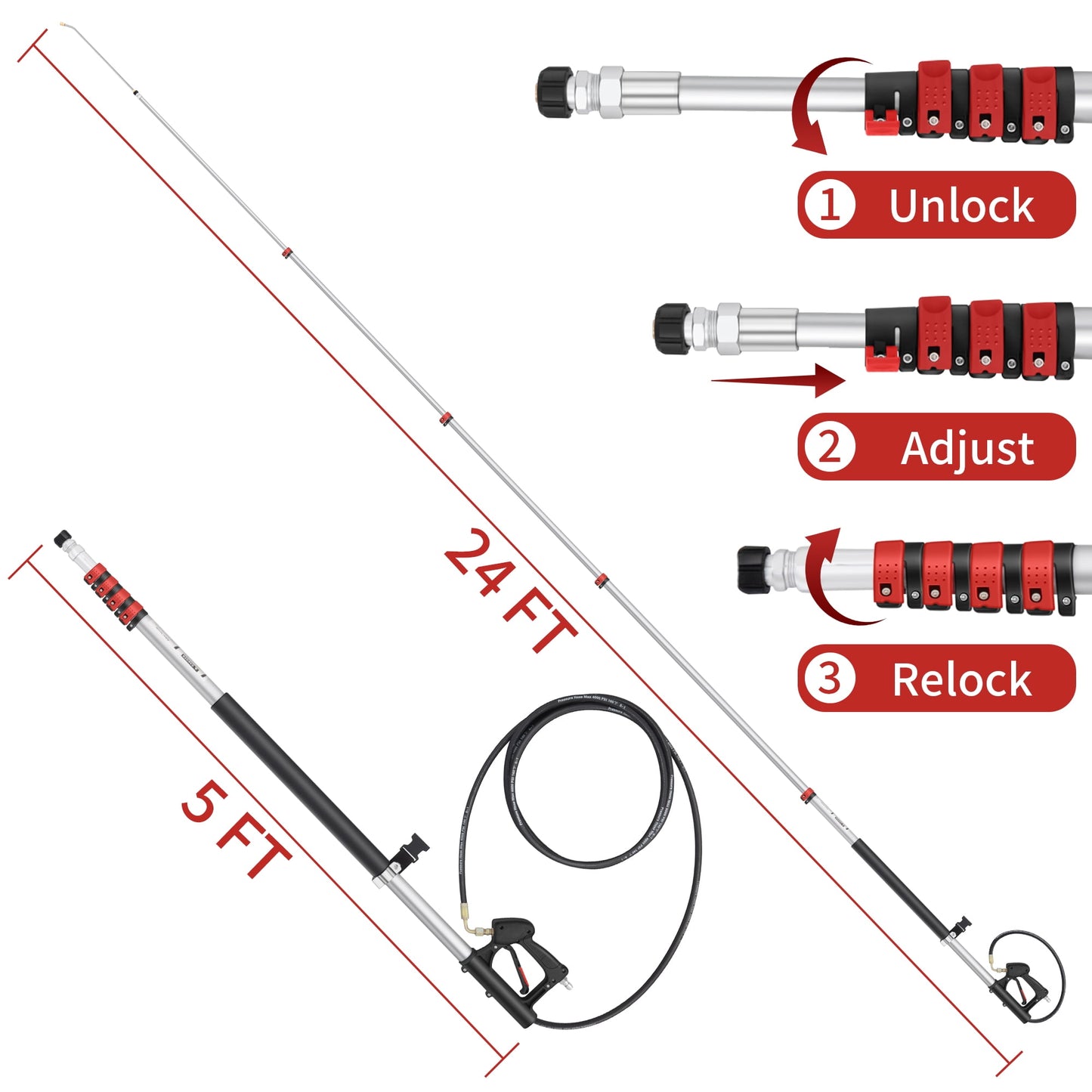 24 FT Gutter Cleaning Tools from The Ground - Telescoping Pressure Washer Wand - Gutter Cleaner Attachment with Power Washer Extension Wands, Brush, 7 Spray Nozzle Tips, 2 Hose Adapters, Support Belt