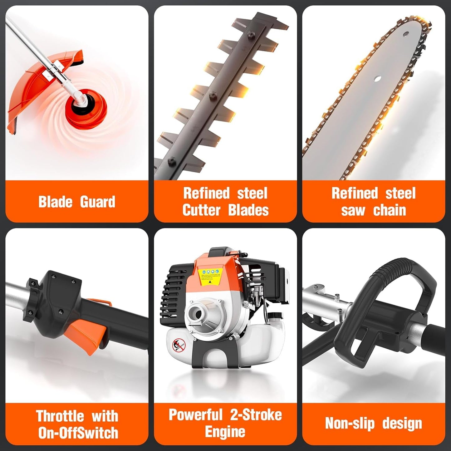 Datingday 52CC Orange Gas Weed Wacker, 2-Stroke Weed Eater Gas Powered, 6-in-1 Gas Hedge Trimmer, Gas Brush Cutter, Gas String Trimmer, Pole Saw with Extension Pole