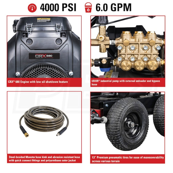 Simpson SW4060SUGL 4000 PSI (Gas - Cold Water) Gear Drive Large Roll Cage Pressure Washer w/ Udor Pump & Simpson Engine