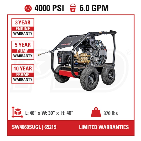 Simpson SW4060SUGL 4000 PSI (Gas - Cold Water) Gear Drive Large Roll Cage Pressure Washer w/ Udor Pump & Simpson Engine