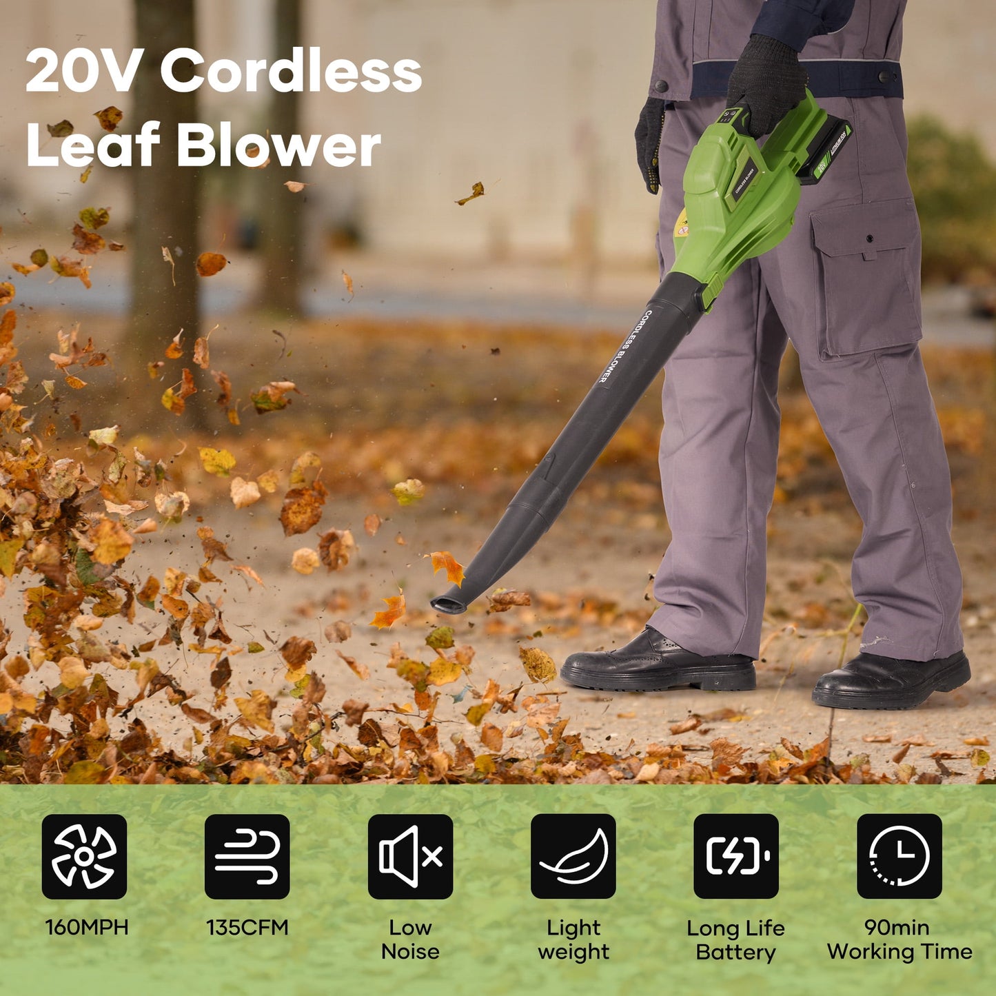 GASKY 20V 160MPH 135CFM Cordless Leaf Blower with 2 X 2.0 Ah Battery & Charger, 2 Speed Mode Lightweight Battery Powered Leaf Blower for Lawn Care/Patio/Yard/Garden Cleaning & Snow/Dust Blowing