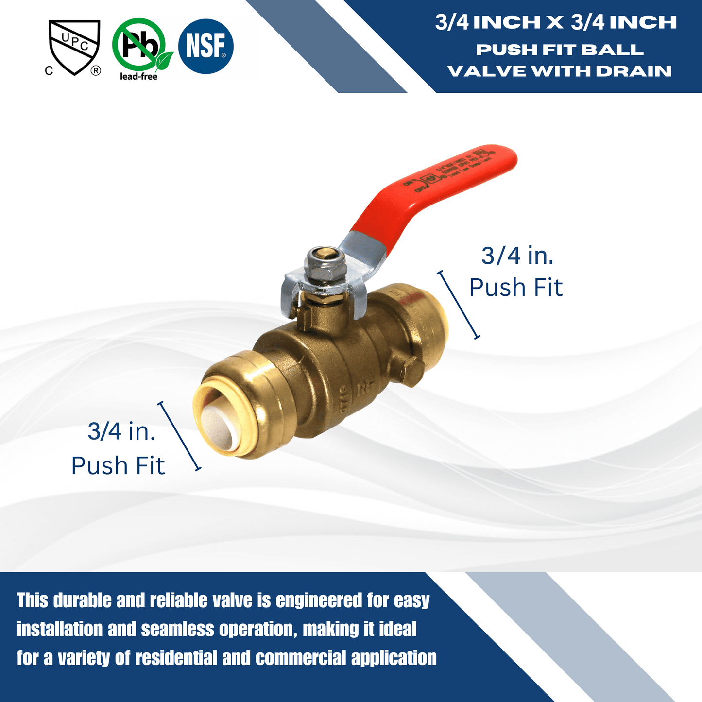 1 Pcs XFITTING Push Fit 3/4 Inch x 3/4 Push Fit Inch Ball Valve with Drain, 28-2-5=1XX