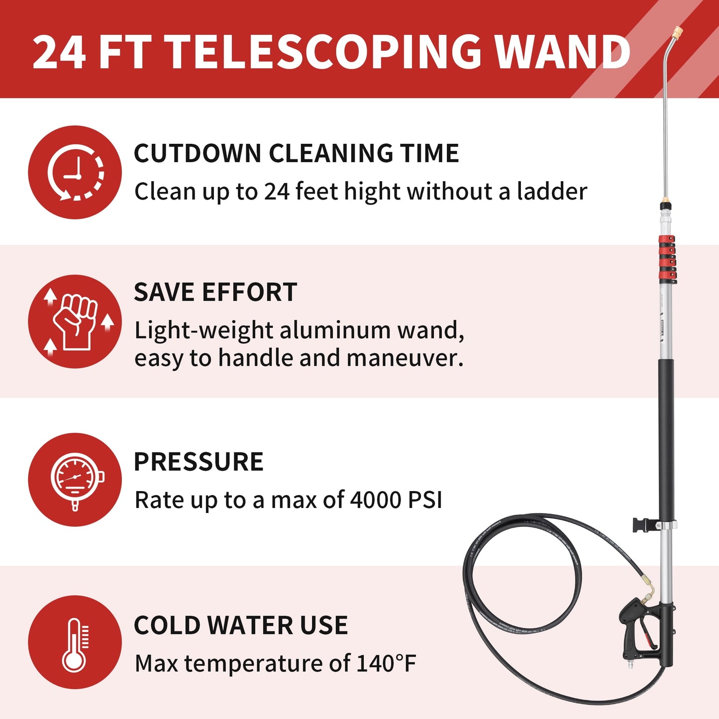 24 FT Gutter Cleaning Tools from The Ground - Telescoping Pressure Washer Wand - Gutter Cleaner Attachment with Power Washer Extension Wands, Brush, 7 Spray Nozzle Tips, 2 Hose Adapters, Support Belt