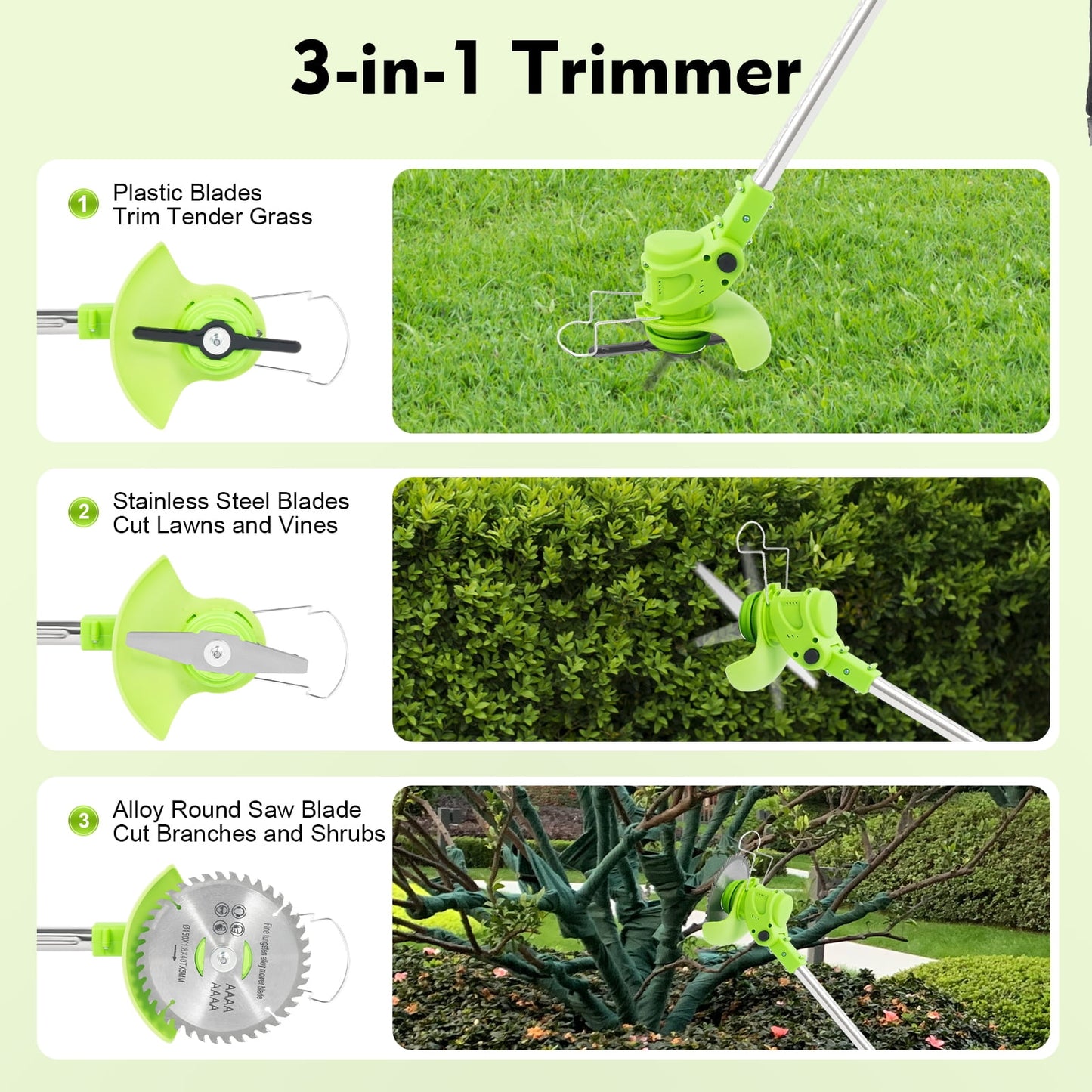 ChicHomey Weed Wacker and String Trimmer, Brushless Motor, 3 Blades, Adjustable Length - Lightweight Lawn Edger & Brush Cutter for Yard and Garden