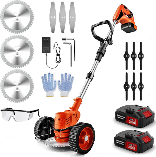 Cordless Weed Wacker, 3-in-1 Cordless Grass Trimmer/Edger Lawn Tool/Brush Cutter, Lightweight Push Lawn Mower Tool with 3 Types Blades and 2Pcs 2.0Ah Batteries, Electric Weed Wacker for Yard/Garden