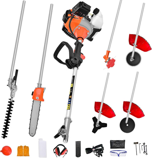 Datingday 52CC Orange Gas Weed Wacker, 2-Stroke Weed Eater Gas Powered, 6-in-1 Gas Hedge Trimmer, Gas Brush Cutter, Gas String Trimmer, Pole Saw with Extension Pole