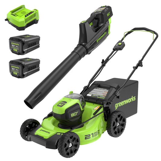 Greenworks 80V 21" Brushless Push Cordless Electric Lawn Mower + 500 CFM Axial Leaf Blower Compatible for 75+ Tools, W/(2) 2.0Ah Batteries and 30 Minute Rapid Charger