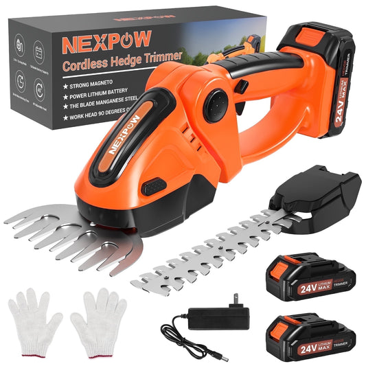 NEXPOW 24V Cordless Hedge Trimmer – 3-in-1 Grass Shears, Shrubbery Trimmer & Electric Grass Trimmer, Dual Batteries, Lightweight & Powerful(Orange)