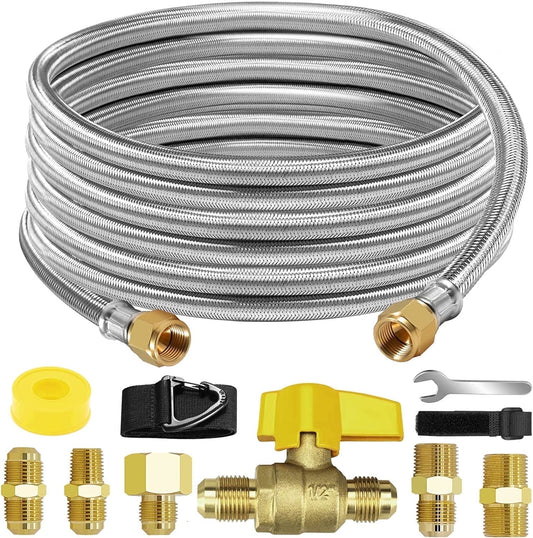 20Ft High Pressure Braided Propane Hose Extension with Fittings -Conversion Coupling includes 3/8" Flare to 1/2" Female NPT, 1/4" Male NPT, 3/8" Ball Valve Switch for BBQ Grill, Fire Pit Heater