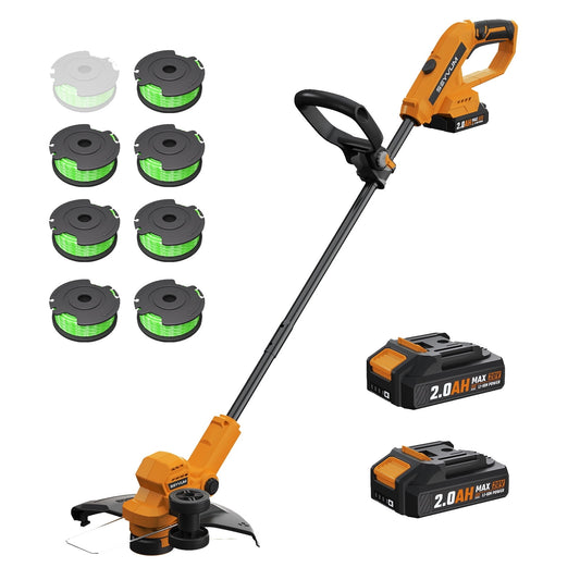 String Trimmer, 12-inch Cordless Grass Trimmer with Auto Line Feed, 2 X 2.0Ah Battery Powered Weed Eaters, 20V Lawn Edger with 8 Pcs Grass Cutter Spool Line, Fast Charger Included