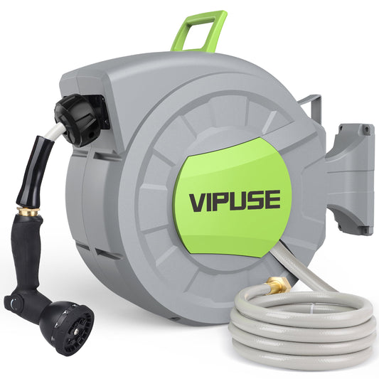 Vipuse Retractable Garden Hose Reel, 1/2 Inch x 100 ft Wall Mounted Garden Hose Reel, with 10 Pattern Nozzle, Any Length Lock, Slow Return System, 180° Swivel Bracket