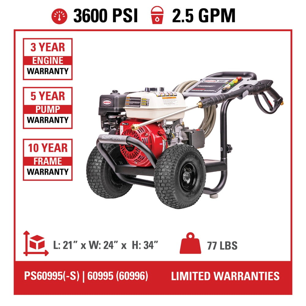 Simpson Powershot 3600 Psi at 2.5 GPM HONDA® GX200 with Triplex Pump Cold Water Professional Gas Pressure Washer, 0 Voltage