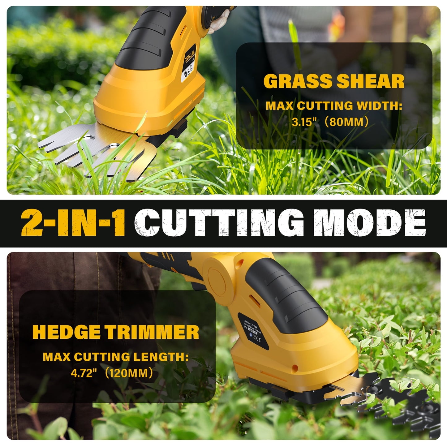 ZEGJAW 7.2V Cordless Hedge Trimmer, 2 in 1 Electric Hedge Trimmers Lightweight Efficient Battery Powered Grass Shears, Garden Tool for Pruning Hedges Bushes and Shrubs