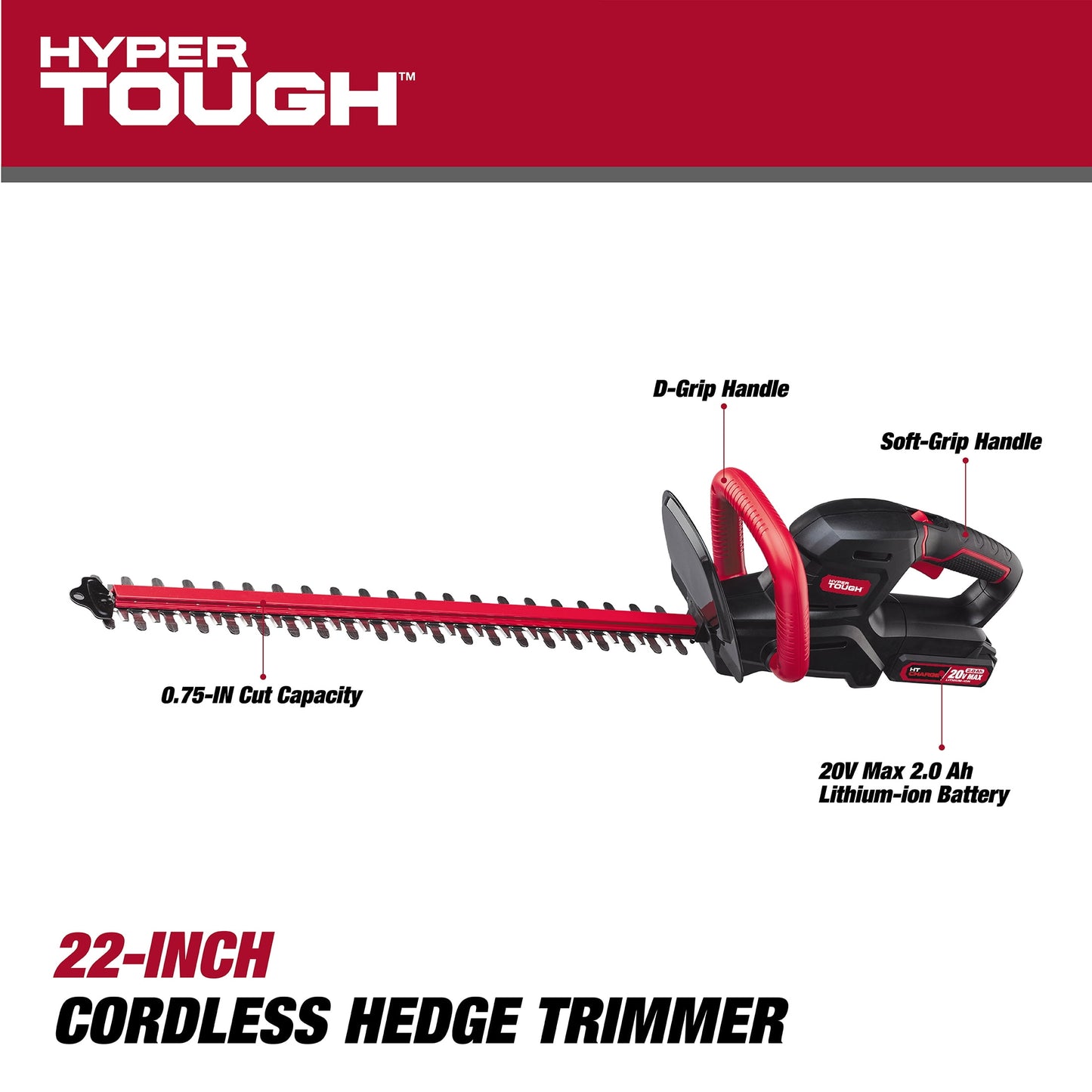 Hyper Tough 20V Max 22-inch Cordless Battery Powered Hedge Trimmer, HT21-401-003-07
