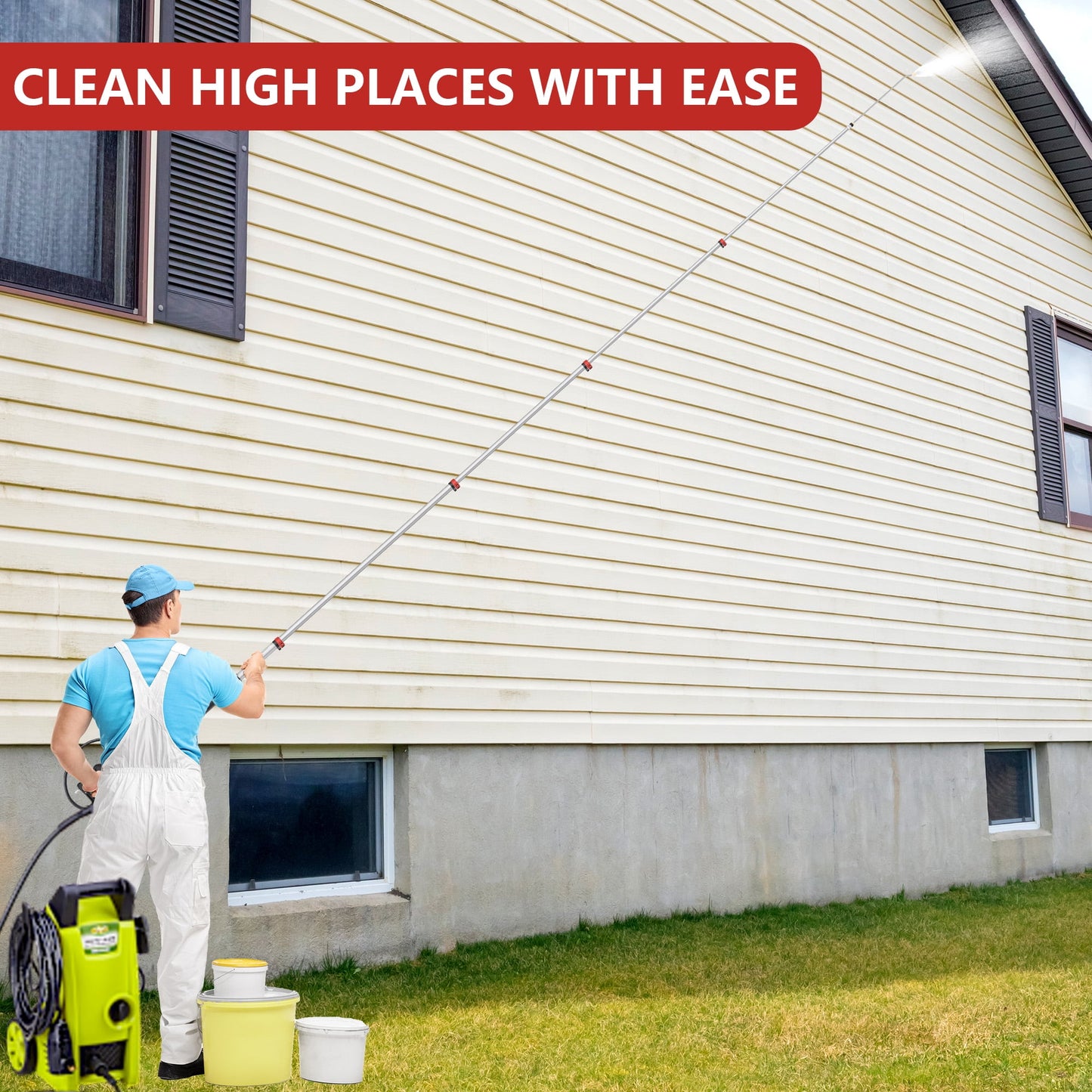24 FT Gutter Cleaning Tools from The Ground - Telescoping Pressure Washer Wand - Gutter Cleaner Attachment with Power Washer Extension Wands, Brush, 7 Spray Nozzle Tips, 2 Hose Adapters, Support Belt
