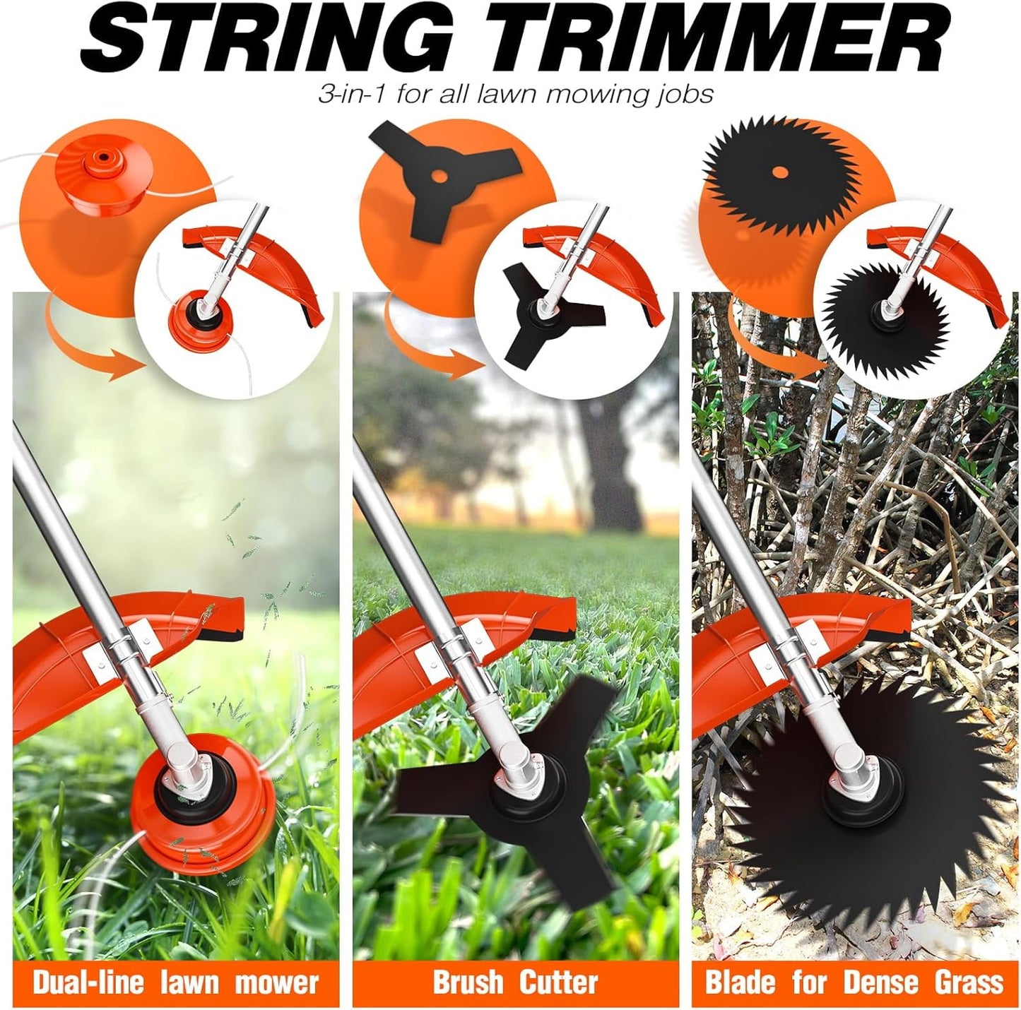 Datingday 52CC Orange Gas Weed Wacker, 2-Stroke Weed Eater Gas Powered, 6-in-1 Gas Hedge Trimmer, Gas Brush Cutter, Gas String Trimmer, Pole Saw with Extension Pole