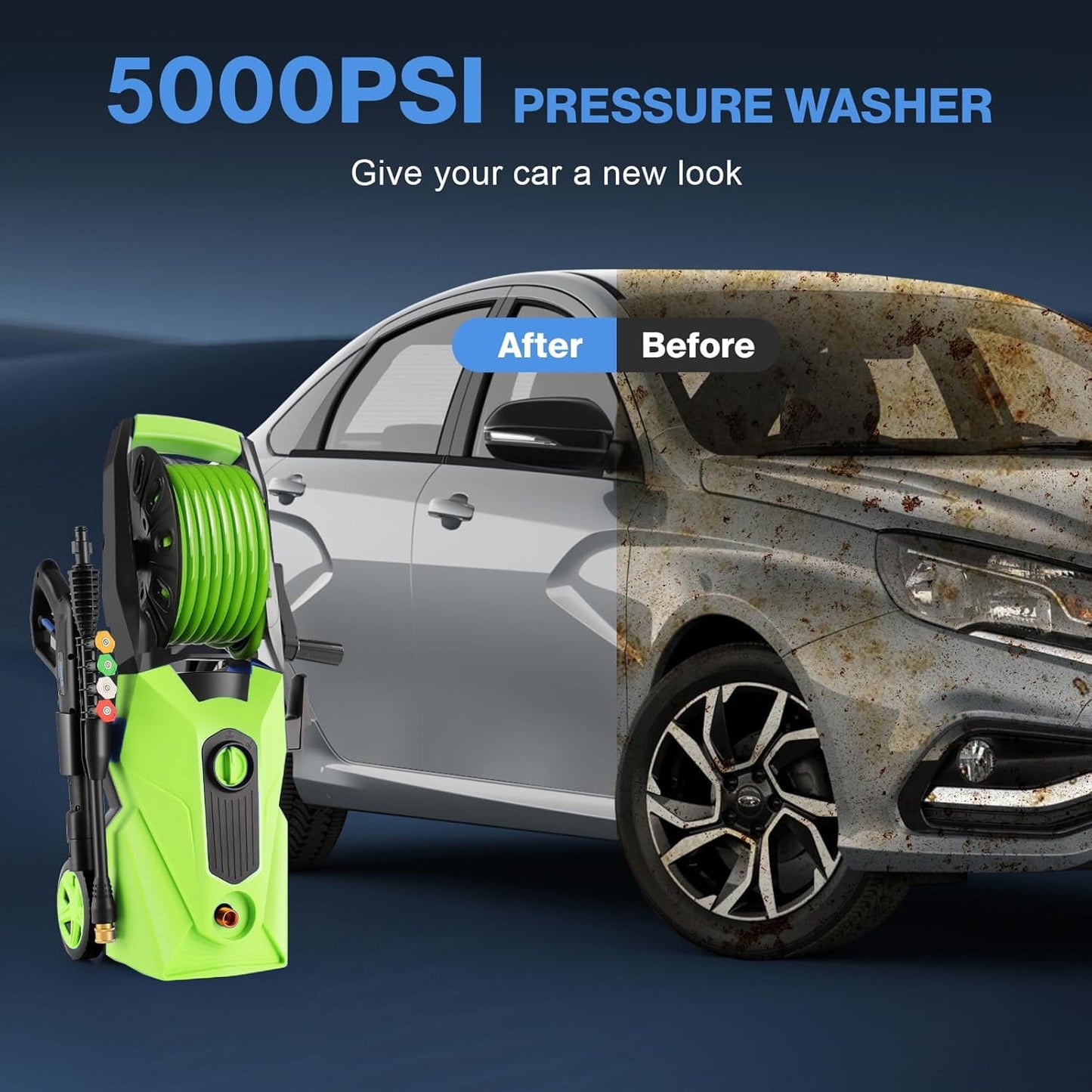 5000PSI Electric Pressure Washer，2025 New Power Washer with 33FT Resistant Extension Pressure Washer Hose Reel, 4 Nozzles, Professional Powerwashers for Home/Car(Green)