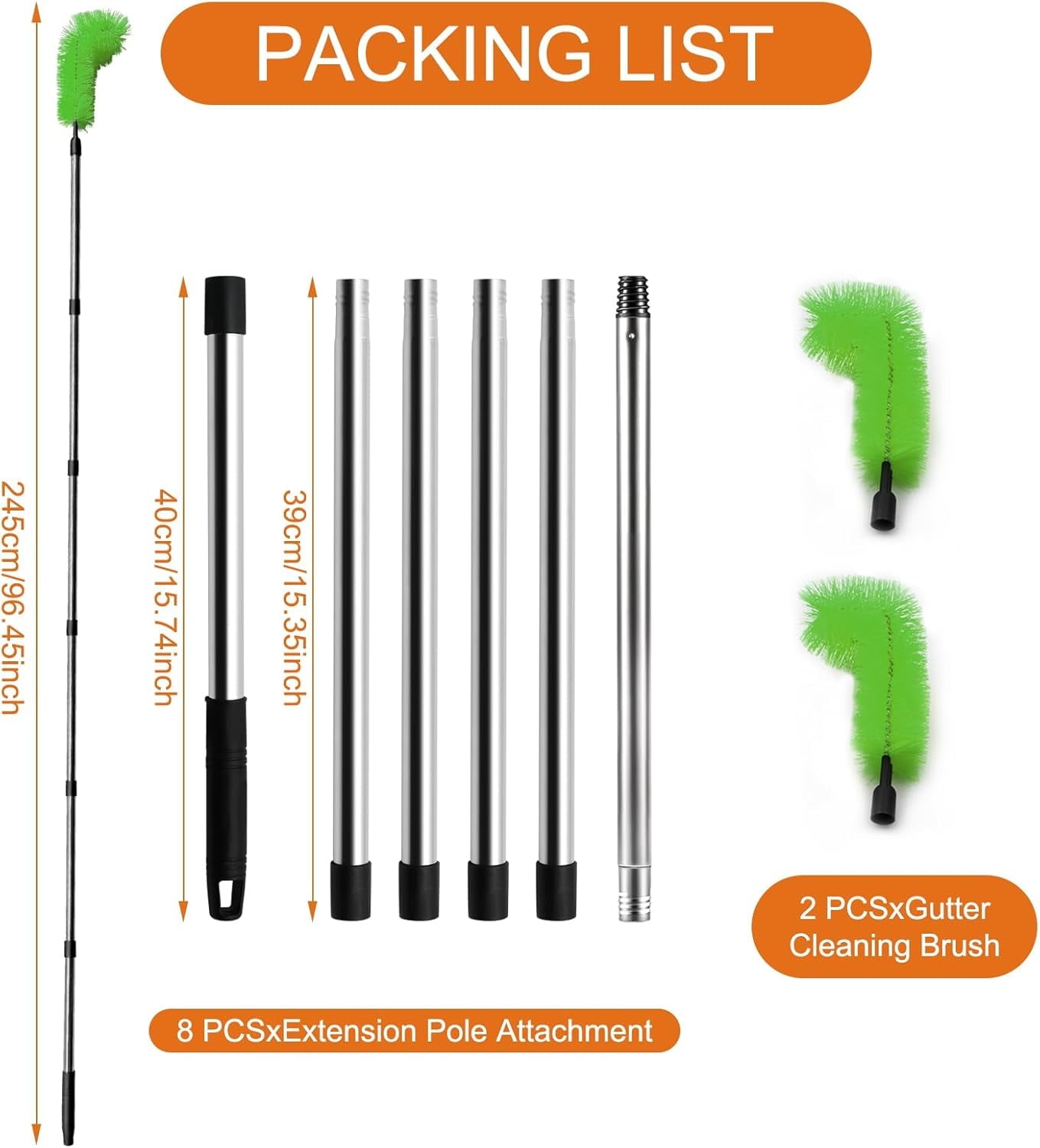 Gutter Cleaning Tools, 10.5 feet Long Gutter Cleaning Tools with 8 Stainless Steel Tubes and 2 Brushes, Gutter Cleaner Ability for Roof Leaves and Debris-Green