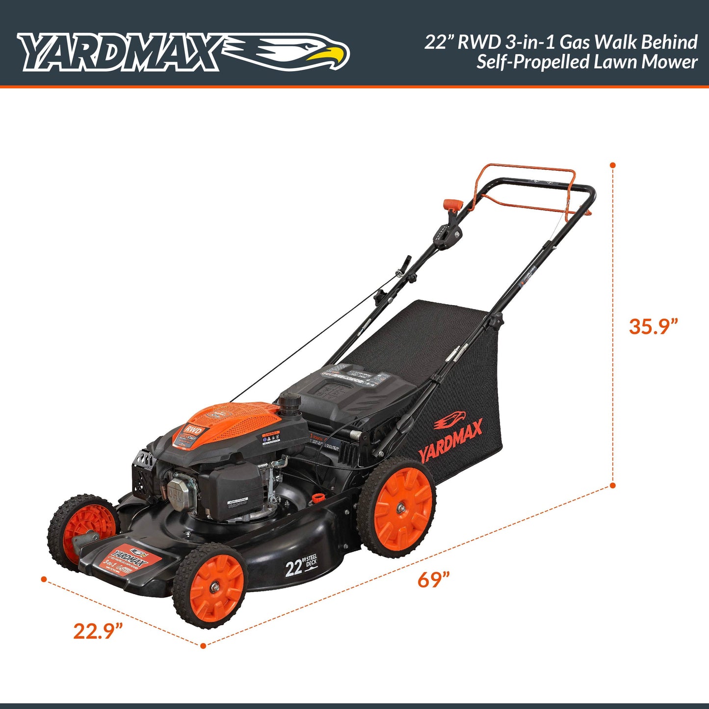 Yard Max 22 in. 201cc SELECT PACE 6 Speed CVT High Wheel RWD 3-in-1 Gas Walk Behind Self Propelled Lawn Mower