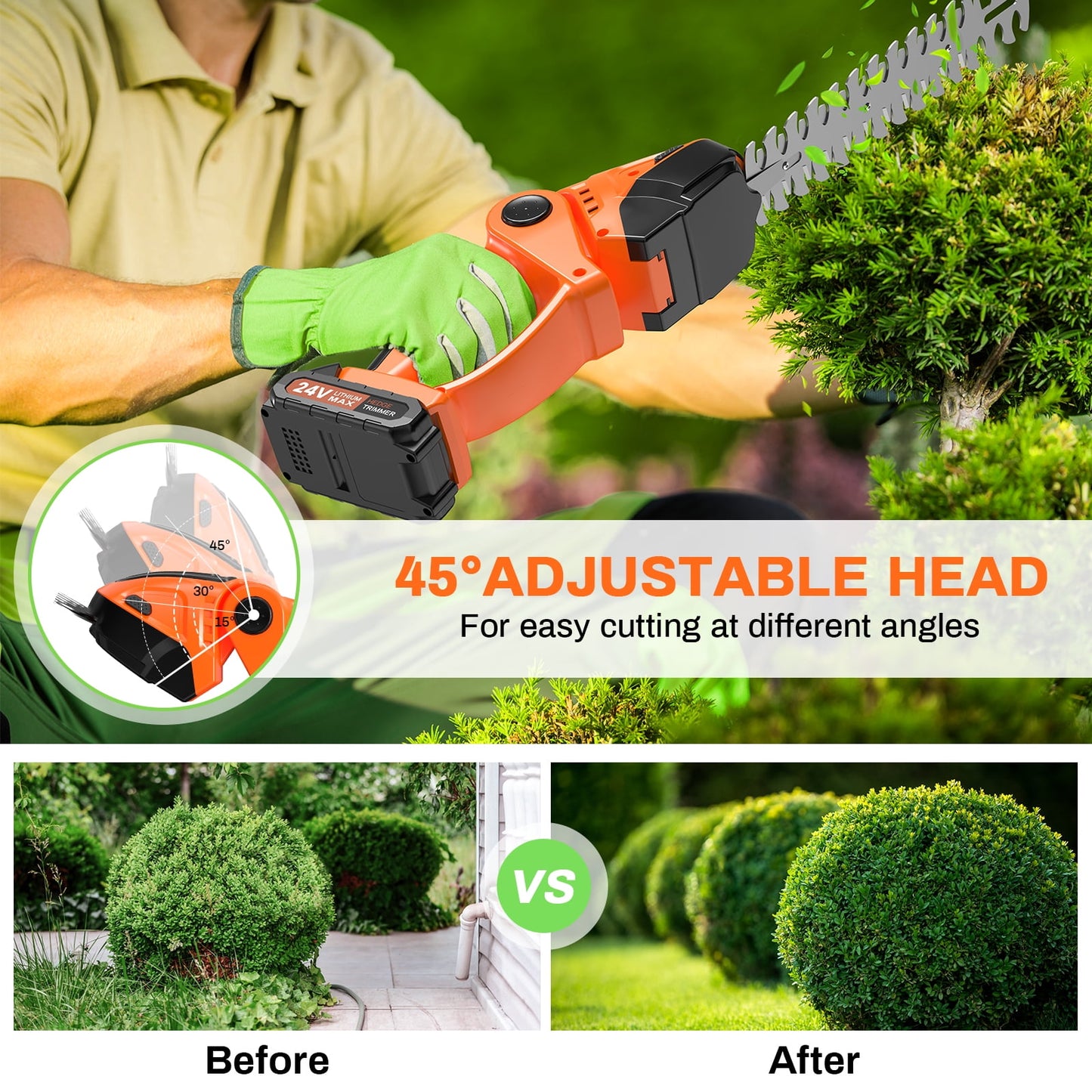NEXPOW 24V Cordless Hedge Trimmer – 3-in-1 Grass Shears, Shrubbery Trimmer & Electric Grass Trimmer, Dual Batteries, Lightweight & Powerful(Orange)