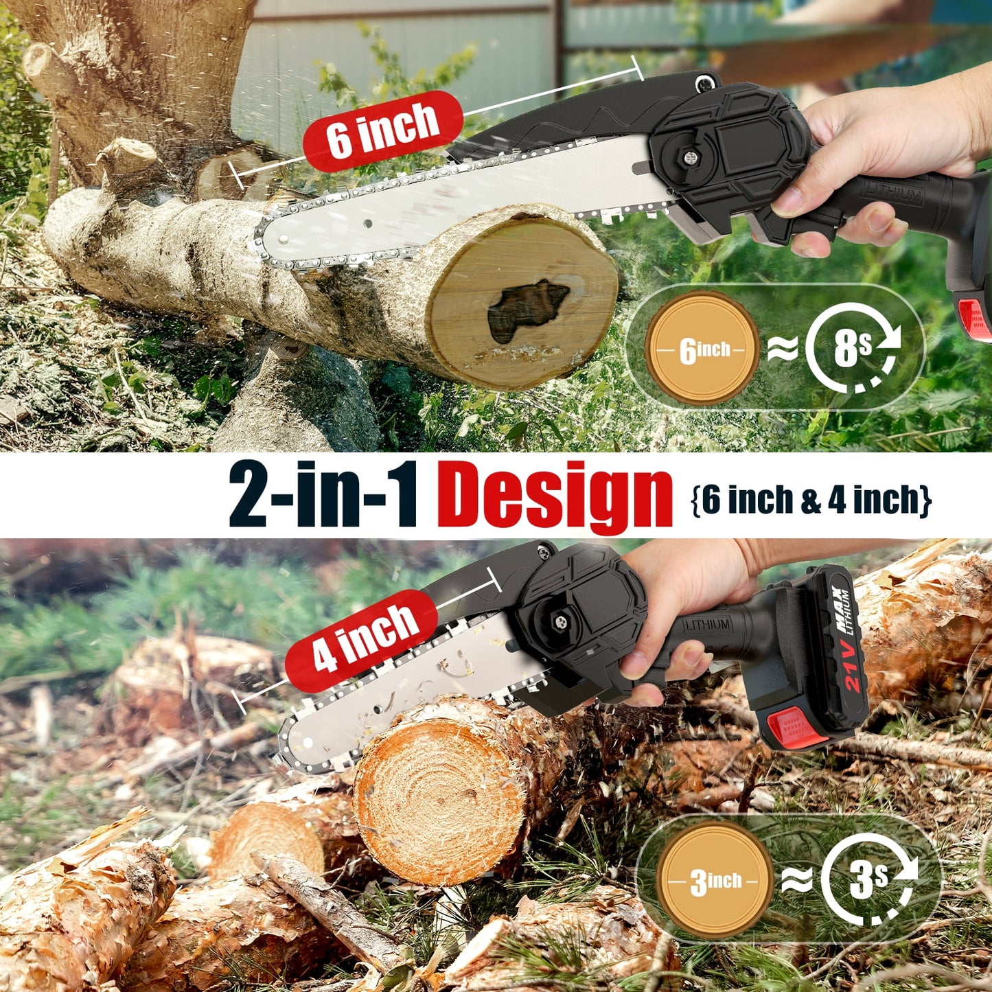 Qunler Mini Chainsaw, 4 & 6-inch Cordless Small Chain Saw with 2 Batteries 2 Chains, Electric Brushless Chainsaw with Security Lock, Handheld Power Chainsaw for Tree Pruning, Gardening, Wood Cutting