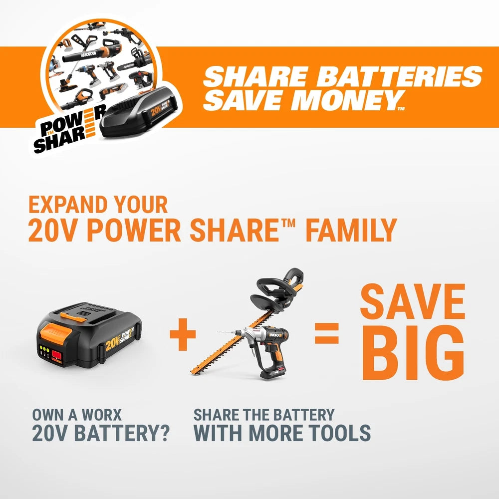 WORX WG170.2 GT 20V PowerShare CordlessTrimmer/Edger + 60 min quick charger